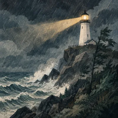 Lighthouse Beacon Through Evergreen Storm