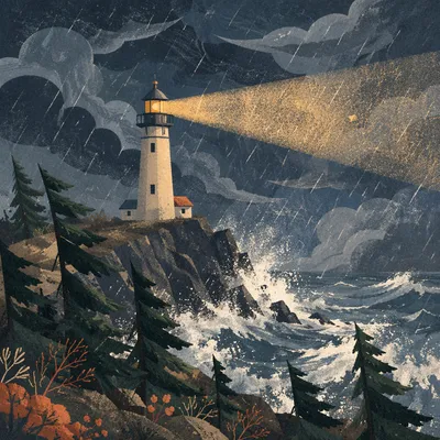 Lighthouse Beacon Through Evergreen Winter Storm