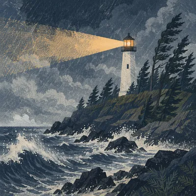 Lighthouse Beacon Through Evergreen Coastal Storm