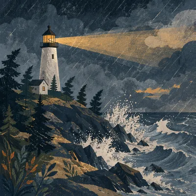 Lighthouse Beacon Through Stormy Evergreen Coast