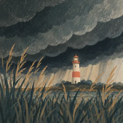 Lighthouse Beacon Through Evergreen Storm Grass