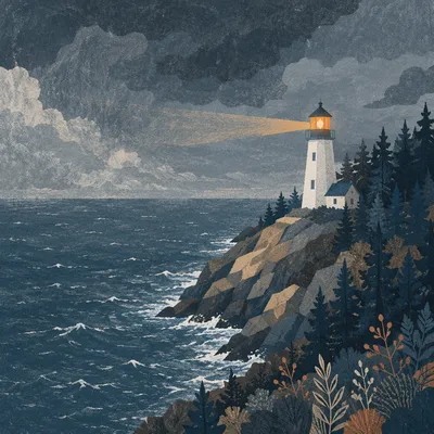 Lighthouse Beacon Through Evergreen Storm Twilight
