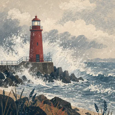 Crimson Lighthouse Beacon Through Storm Waves