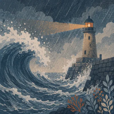 Lighthouse Beacon Shining Through Coastal Storm
