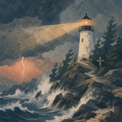 Stormy Lighthouse Beacon with Evergreen Cross