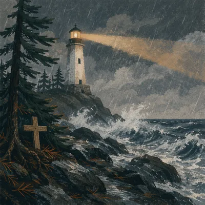 Lighthouse Beacon Through Evergreen Storm