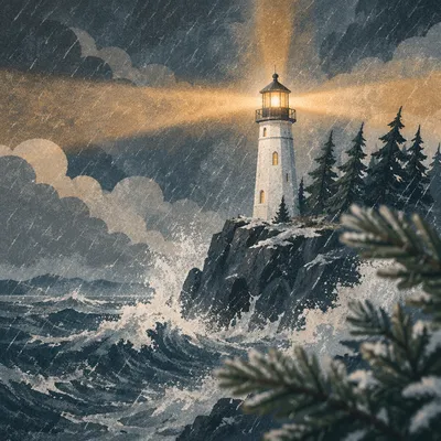 Lighthouse Beacon Through Winter Storm