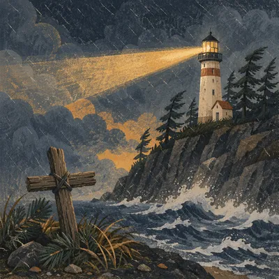 Stormy Lighthouse Beacon with Driftwood Cross