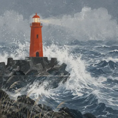 Red Lighthouse Beacon Through Coastal Storm