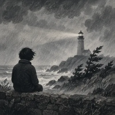 Lighthouse Beacon Through Stormy Evergreen Coast