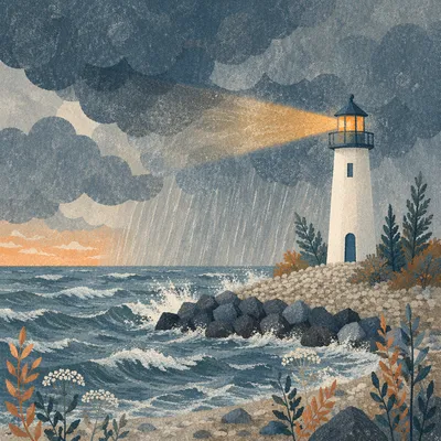 Stormy Lighthouse Beacon with Evergreen Shore