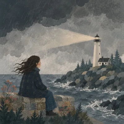 Lighthouse Beacon Through Evergreen Coastal Storm