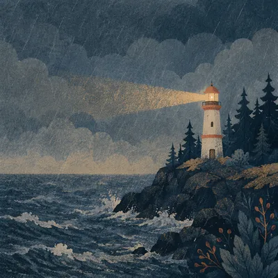 Lighthouse Beacon Over Stormy Evergreen Coast