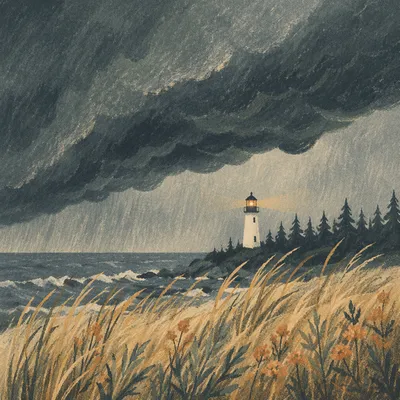 Lighthouse Beacon Beyond Stormy Evergreen Dunes
