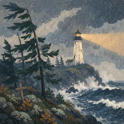Lighthouse Beacon Over Stormy Evergreen Coast