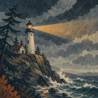 Stormy Lighthouse Beacon Through Evergreen Pines