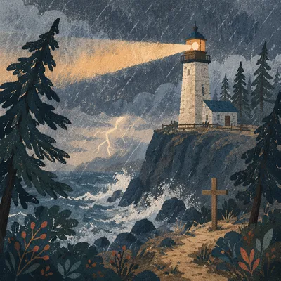 Lighthouse Beacon Through Stormy Evergreen Coast