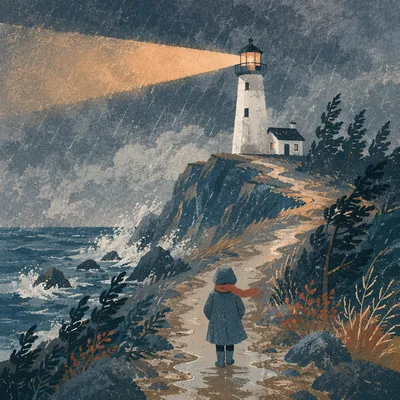 Lighthouse Beacon Through Evergreen Storm