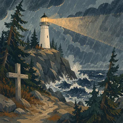 Lighthouse Beacon Over Stormy Evergreen Coast