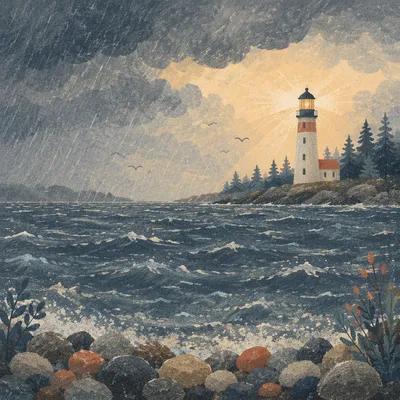 Lighthouse Beacon Over Stormy Evergreen Coast