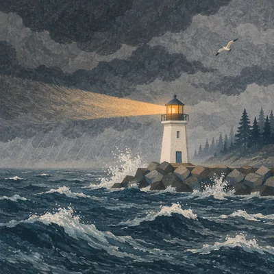 Lighthouse Beacon Through Stormy Evergreen Coast