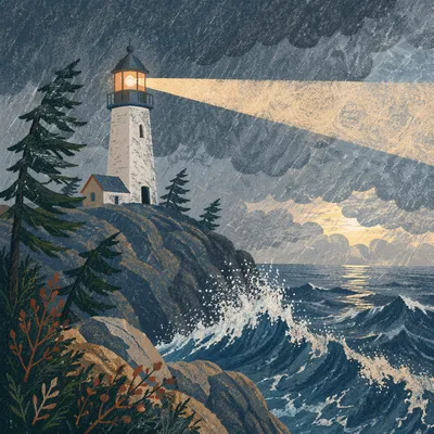 Lighthouse Beacon Over Stormy Evergreen Coast