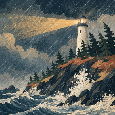 Lighthouse Beacon Through Evergreen Winter Storm