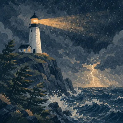 Stormy Lighthouse Beacon Over Evergreen Cliffs