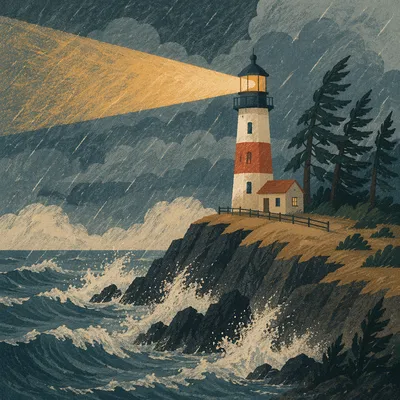 Stormy Lighthouse Beacon Over Evergreen Cliffs