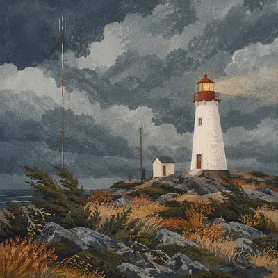 Storm Beacon Lighthouse Among Evergreen Moorland