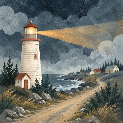 Stormlit Lighthouse Beacon With Evergreen Shore