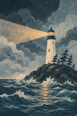 Lighthouse Beacon Through Stormy Evergreen Coast