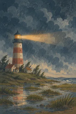 Storm Beacon Lighthouse Over Evergreen Marsh