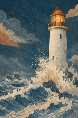 Stormy Lighthouse Beacon Over Crashing Waves