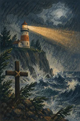 Lighthouse Beacon Over Stormy Evergreen Coast