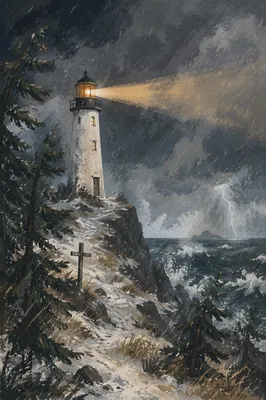Lighthouse Beacon Through Winter Storm