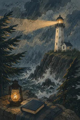 Lighthouse Beacon Through Stormy Evergreen Coast