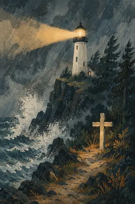 Stormy Lighthouse Beacon with Evergreen Cross