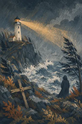 Stormy Lighthouse Beacon with Evergreen Pines