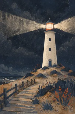 Stormy Lighthouse Beacon Over Rocky Coast