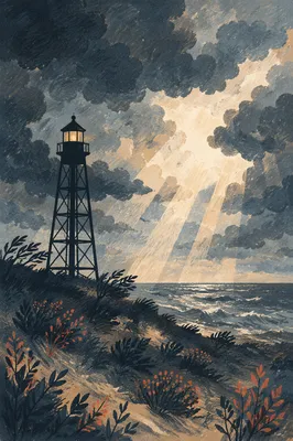 Lighthouse Beacon Through Coastal Storm Clouds