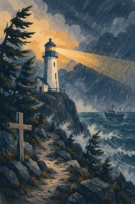 Stormy Lighthouse Beacon with Evergreen Cross