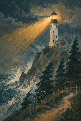 Lighthouse Beacon Through Evergreen Storm
