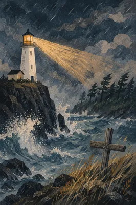 Lighthouse Beacon Guiding Through Winter Storm