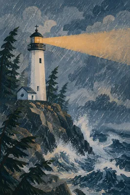 Stormy Lighthouse Beacon with Evergreen Hope