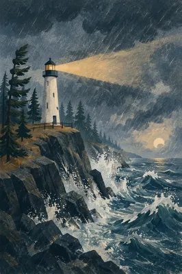 Lighthouse Beacon Through Evergreen Storm
