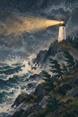 Lighthouse Beacon Through Stormy Evergreen Coast