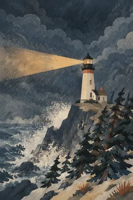 Lighthouse Beacon Through Evergreen Winter Storm