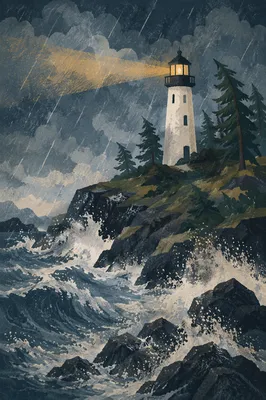 Lighthouse Beacon Through Evergreen Coastal Storm