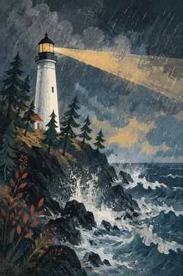 Lighthouse Beacon Through Stormy Evergreens